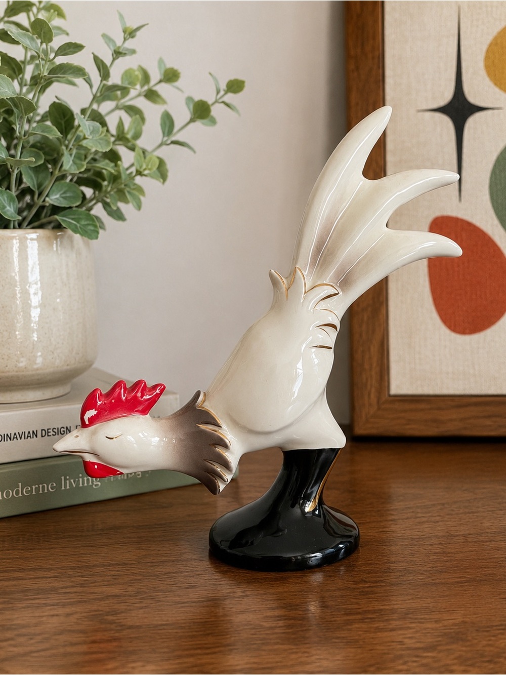 Decorative Ceramic Rooster Figurine in White, Red and Black